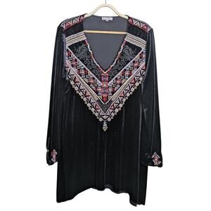 Adore Velvet Embroidered Tunic Dress Large Black Boho Boutique